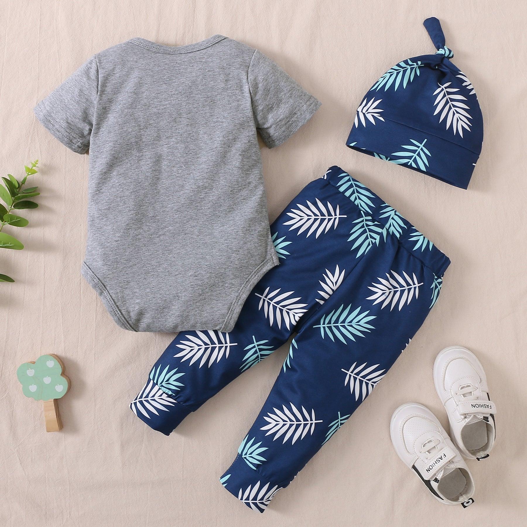 Baby Boy Monogram Print Bodysuit And Leaf Print Trousers And Hat Baby Outfit Sets