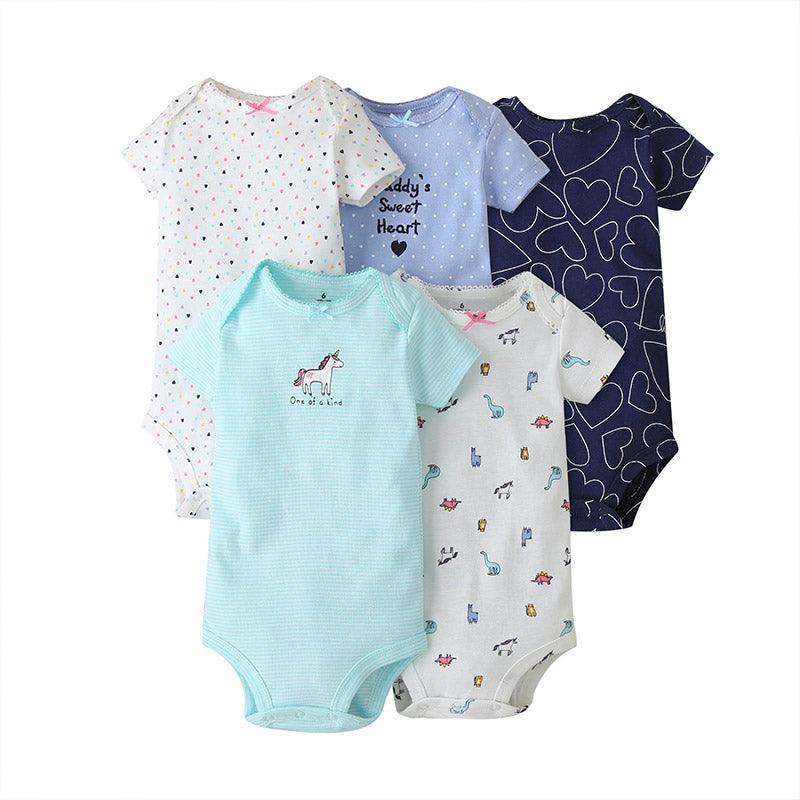 5PCs Set Jumpsuit Baby Boys Girls Short Sleeve Mixed Color Printing Triangle Jumpsuit Creeper 4