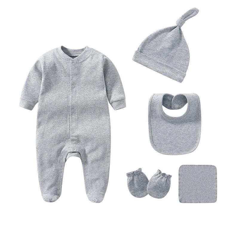 Baby Boys Girls Solid Color Long-sleeved Cotton Jumpsuit Hat Bib Gloves Square Scarf Five Piece Set