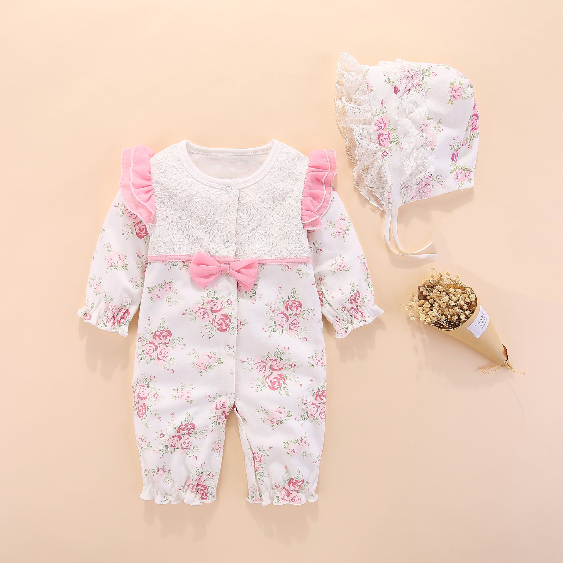 Baby Girls Bow Floral Lace Long Sleeve Romper & Hat Baby Wholesale Clothing