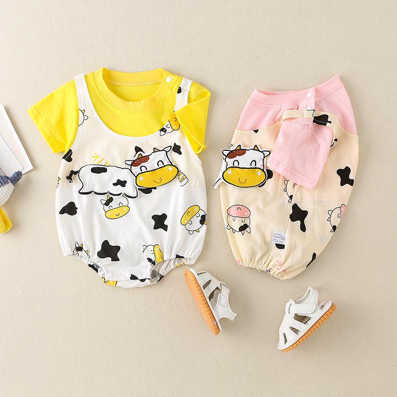 Baby Cartoon Cow Pattern Shoulder Strap Decor Bodysuit