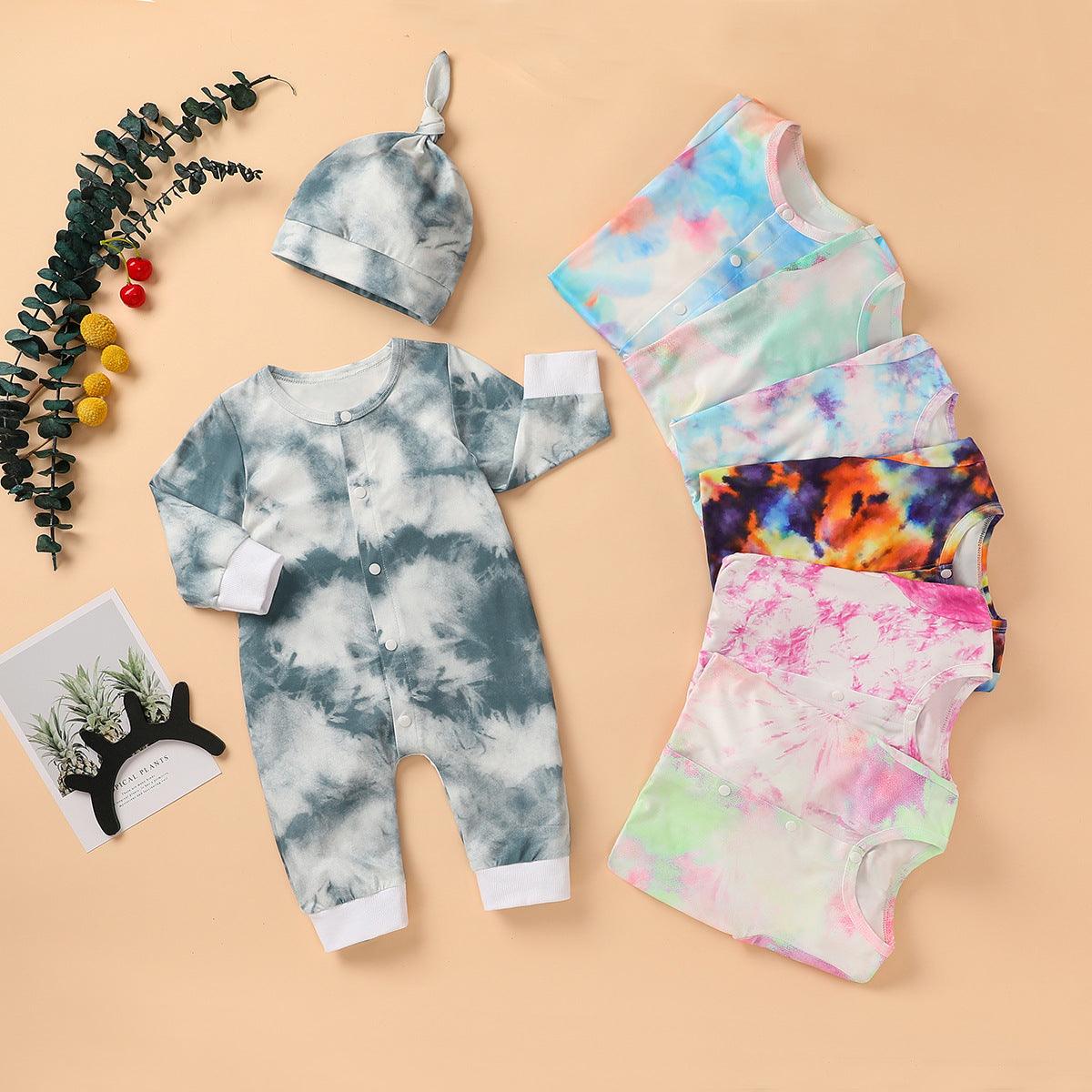 Baby Boys Girls Tie Dyed Printed Long Sleeved Jumpsuit Trousers Hat Set