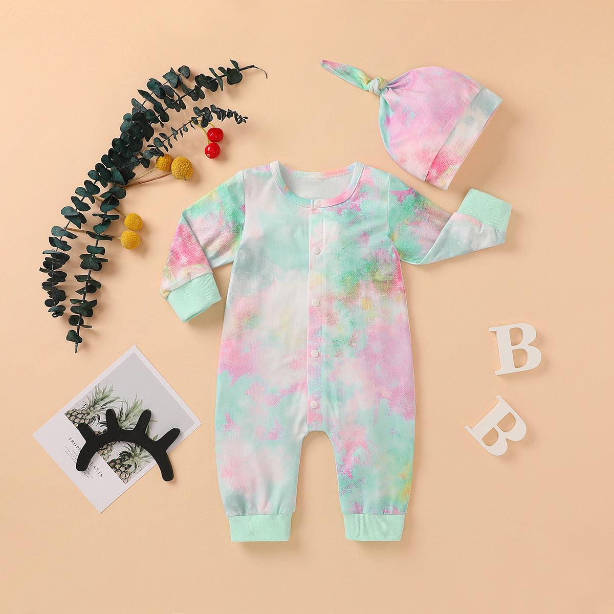 Baby Boys Girls Tie Dyed Printed Long Sleeved Jumpsuit Trousers Hat Set