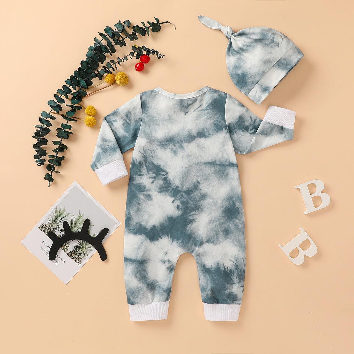 Baby Boys Girls Tie Dyed Printed Long Sleeved Jumpsuit Trousers Hat Set