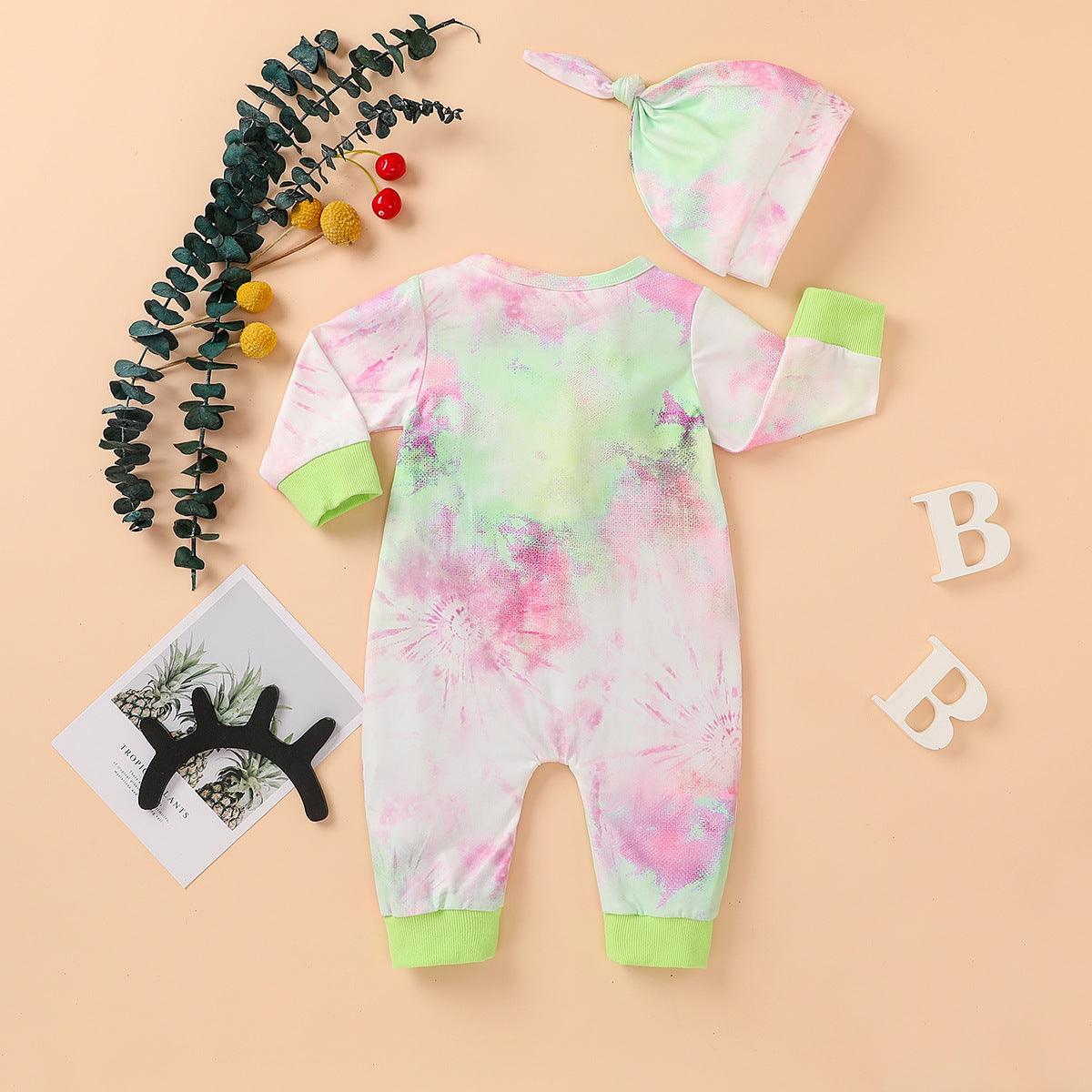 Baby Boys Girls Tie Dyed Printed Long Sleeved Jumpsuit Trousers Hat Set