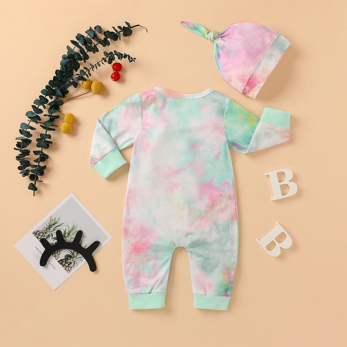 Baby Boys Girls Tie Dyed Printed Long Sleeved Jumpsuit Trousers Hat Set