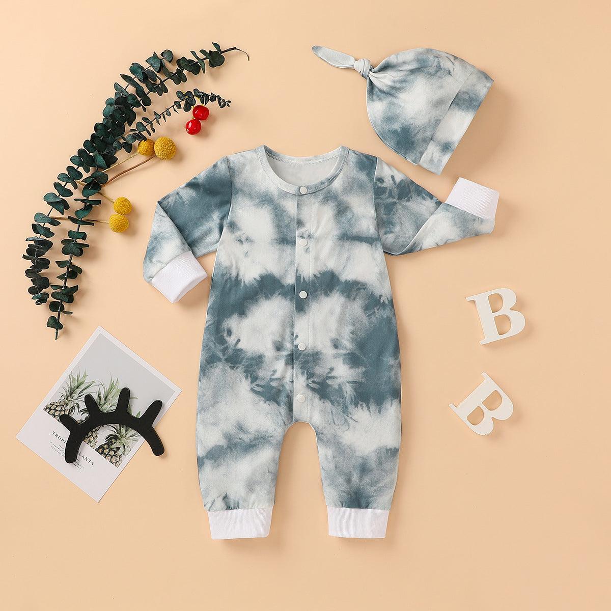 Baby Boys Girls Tie Dyed Printed Long Sleeved Jumpsuit Trousers Hat Set