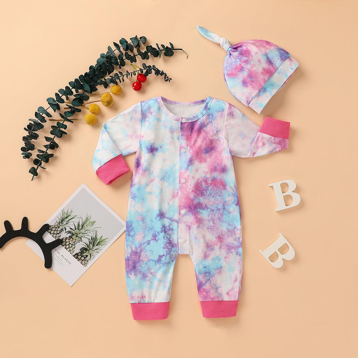 Baby Boys Girls Tie Dyed Printed Long Sleeved Jumpsuit Trousers Hat Set