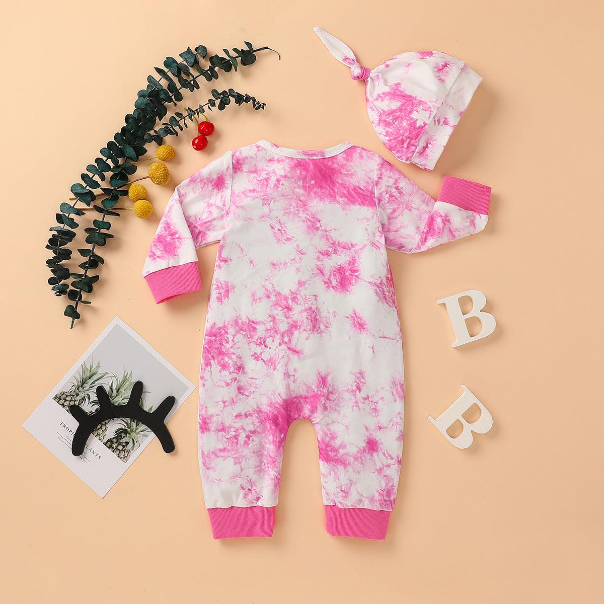 Baby Boys Girls Tie Dyed Printed Long Sleeved Jumpsuit Trousers Hat Set