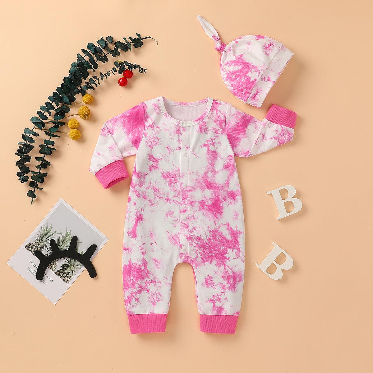 Baby Boys Girls Tie Dyed Printed Long Sleeved Jumpsuit Trousers Hat Set