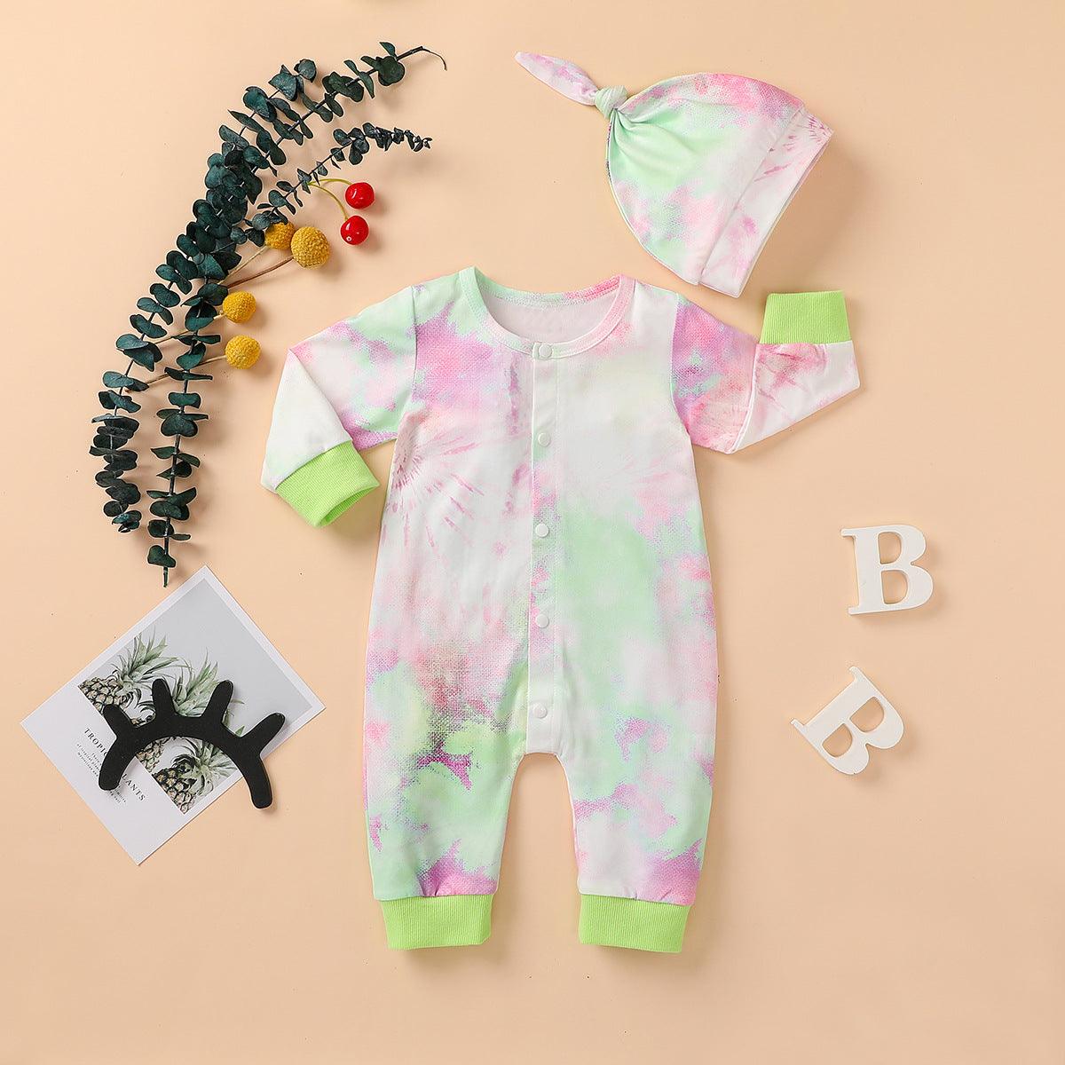 Baby Boys Girls Tie Dyed Printed Long Sleeved Jumpsuit Trousers Hat Set