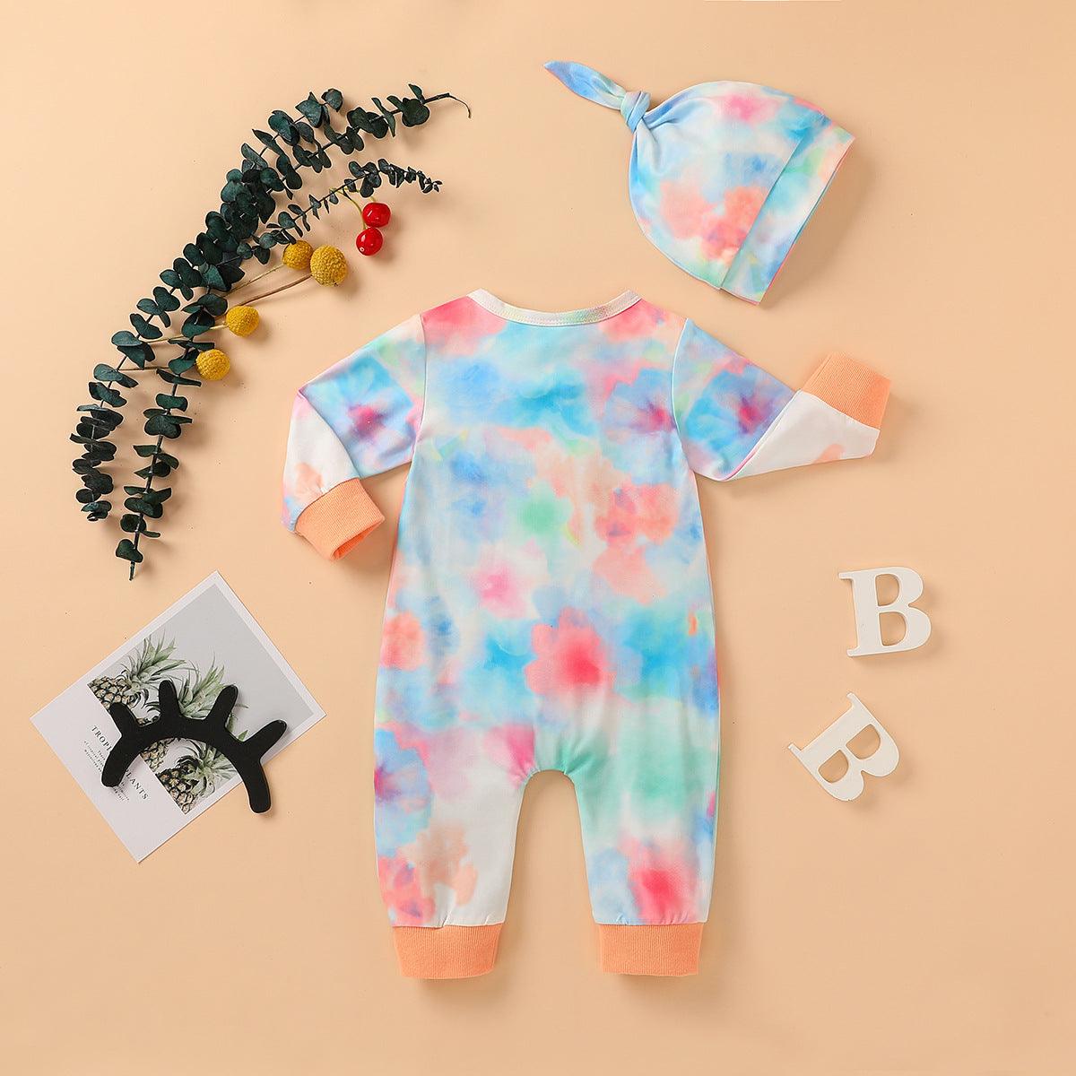 Baby Boys Girls Tie Dyed Printed Long Sleeved Jumpsuit Trousers Hat Set