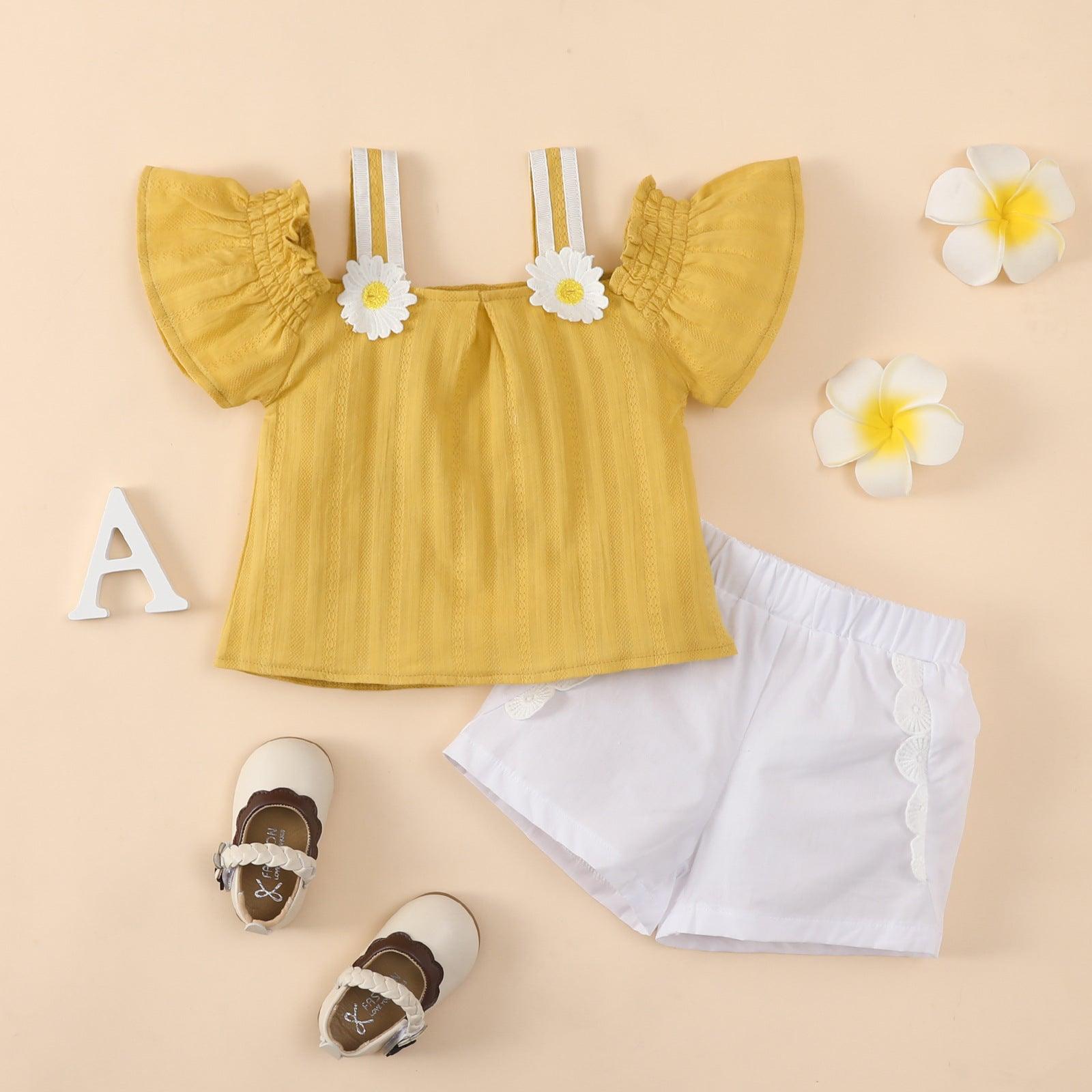 Baby Girl Off Shoulder Fly Sleeve Daisy Top And Shorts Baby Outfit Sets