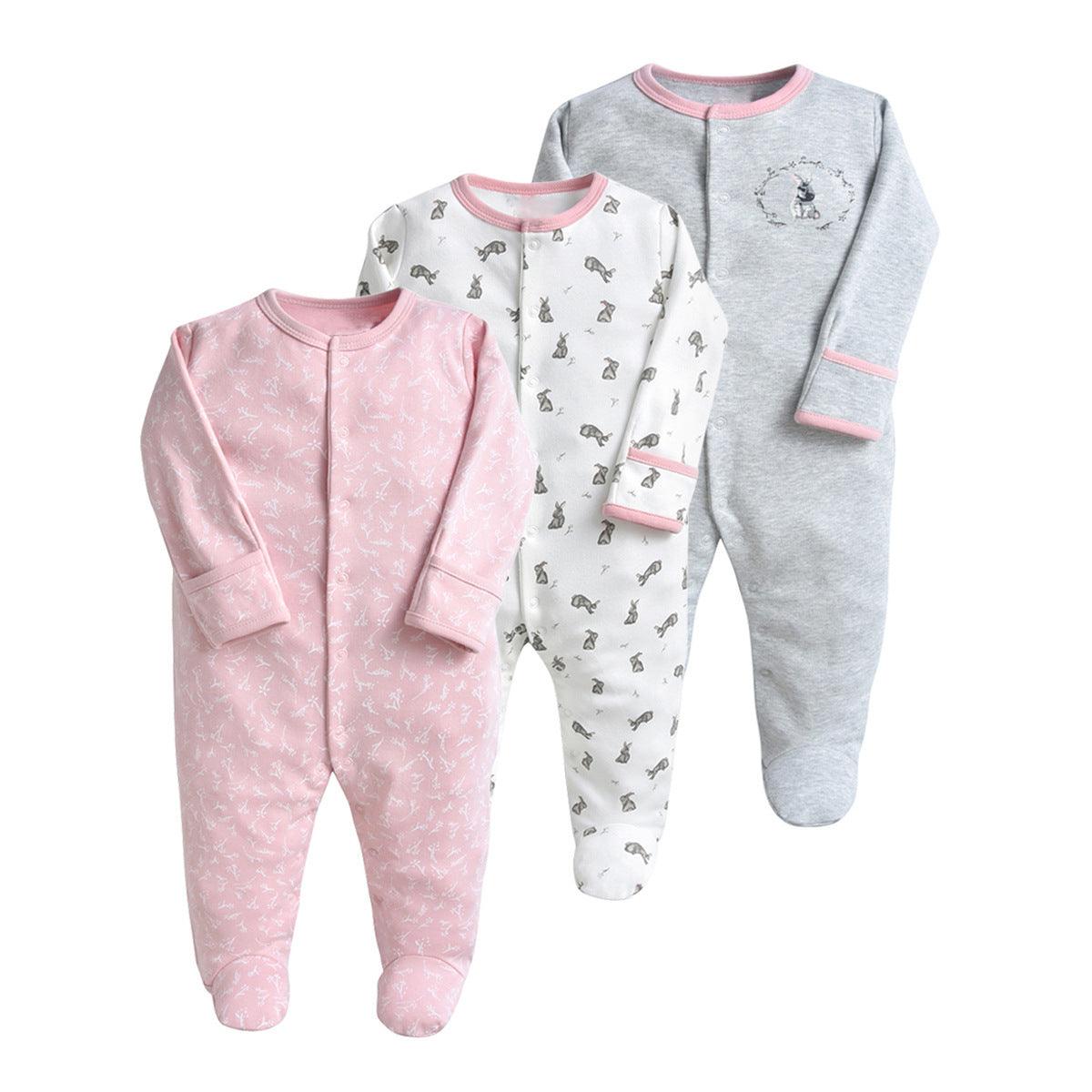 3PCS Baby Boys Girls Solid Color Cute Printed Cotton Wrap Long Sleeve Jumpsuit