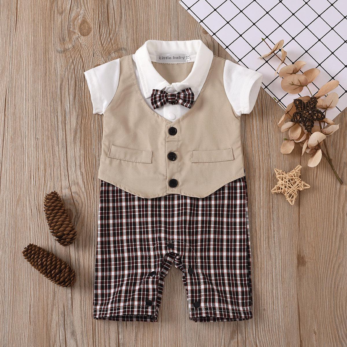 Baby Boys' Short Sleeved Gentleman's Bow Tie Plaid Vest Fake Two Piece Jumpsuit