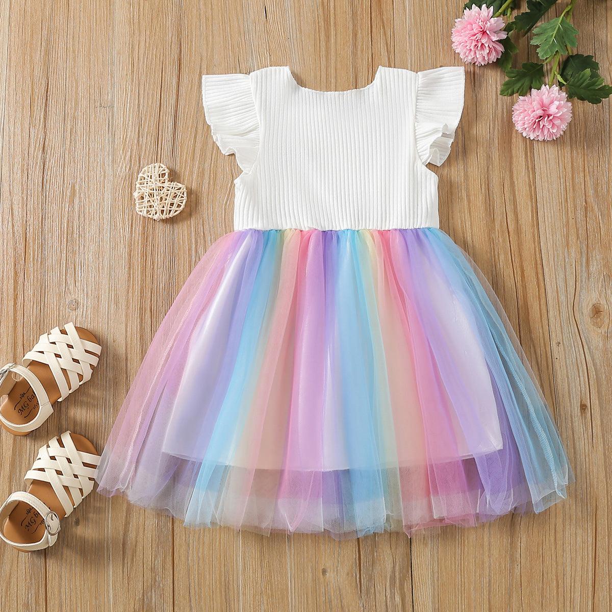 9M-4Y Rainbow Patchwork Mesh Flying Sleeve Pit Dress Wholesale Baby Clothes