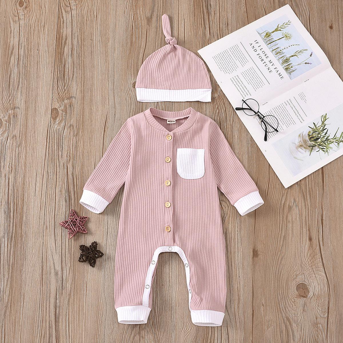 Baby Boys Girls Knitted Striped Solid One-piece Suit Hat Two-piece Set