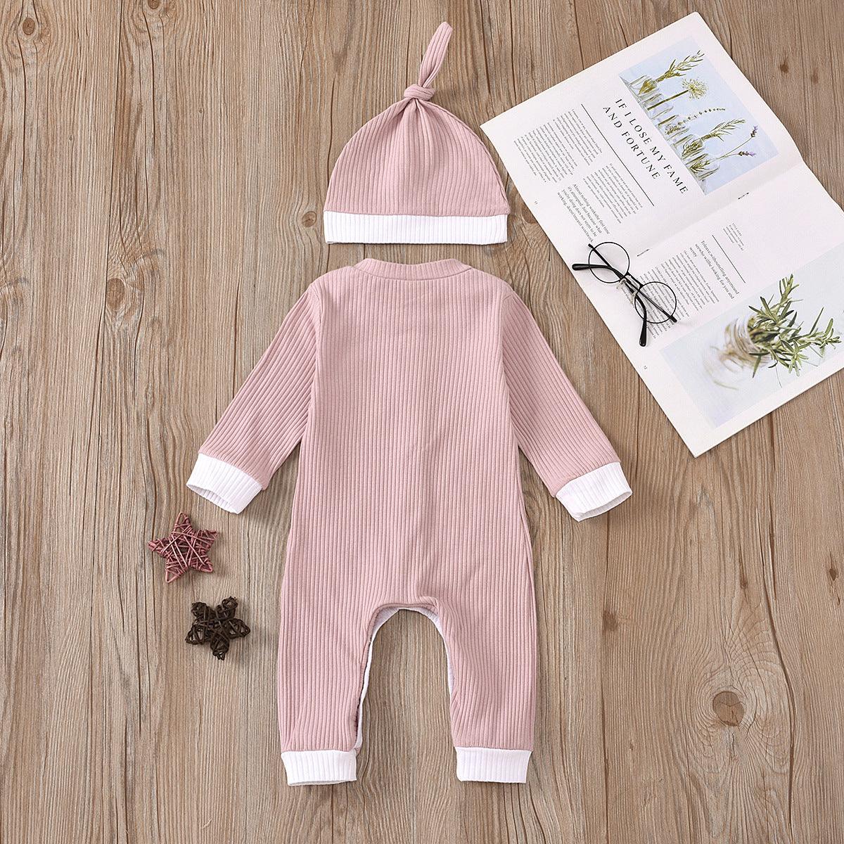 Baby Boys Girls Knitted Striped Solid One-piece Suit Hat Two-piece Set