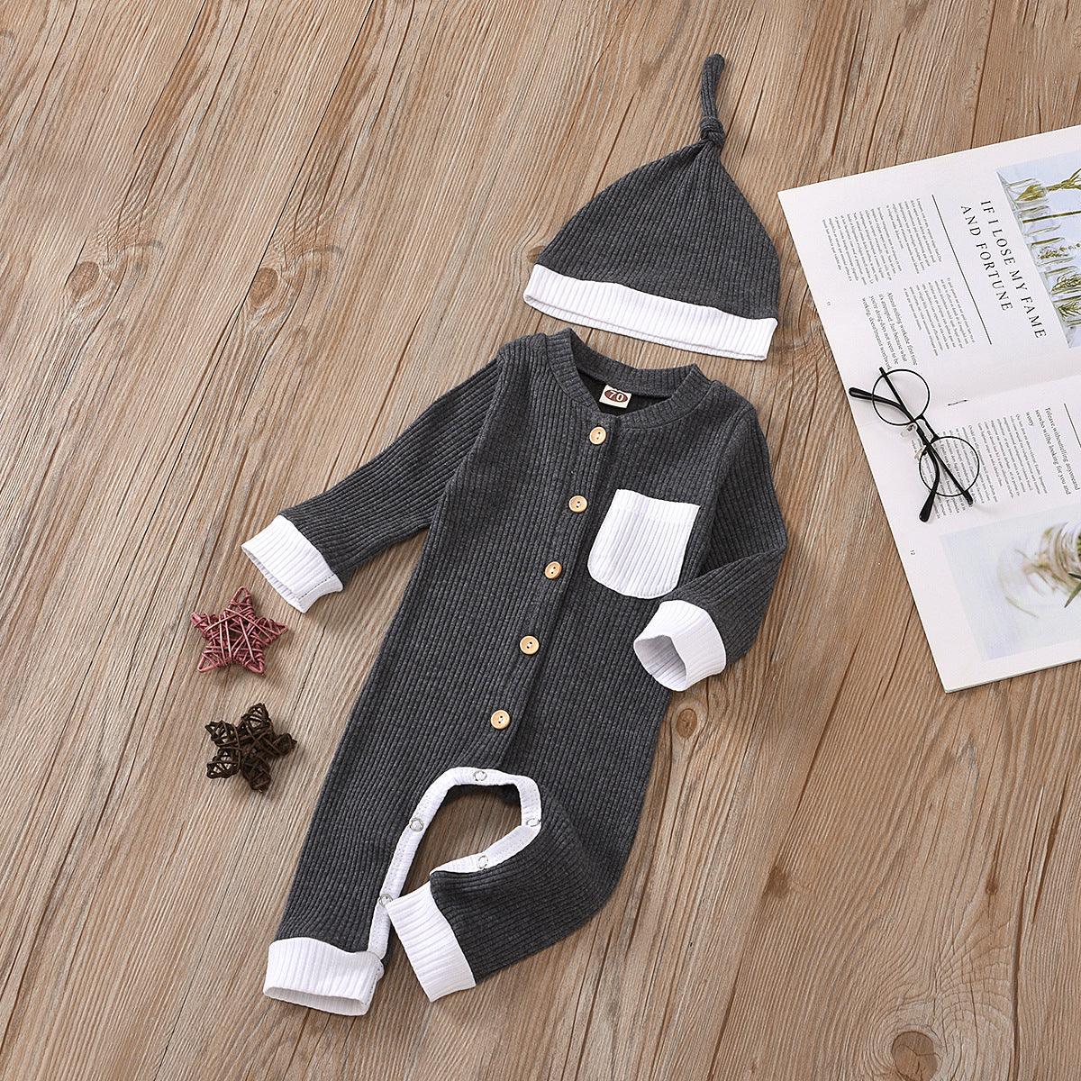 Baby Boys Girls Knitted Striped Solid One-piece Suit Hat Two-piece Set