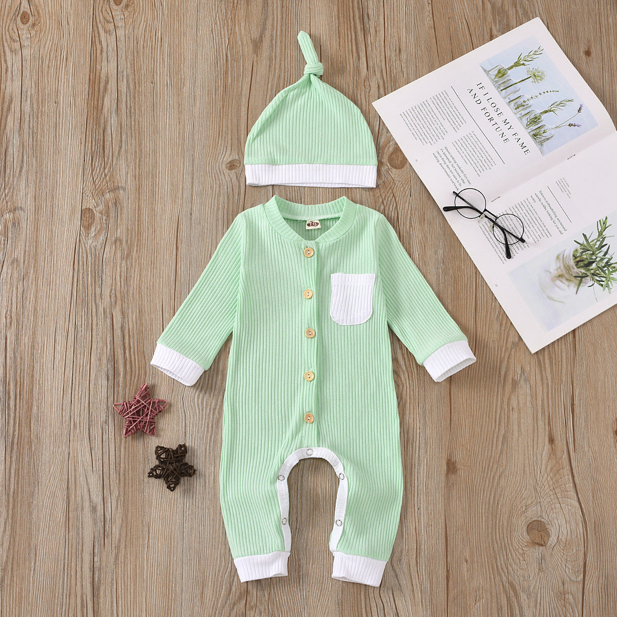 Baby Boys Girls Knitted Striped Solid One-piece Suit Hat Two-piece Set