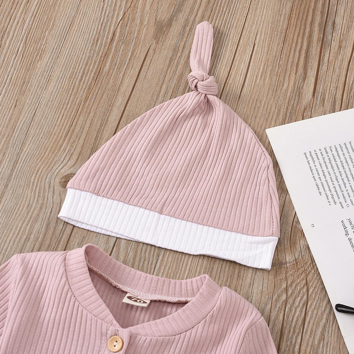 Baby Boys Girls Knitted Striped Solid One-piece Suit Hat Two-piece Set