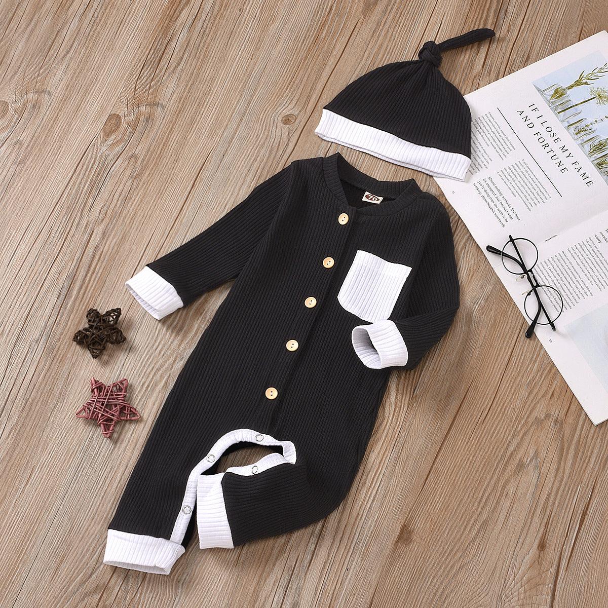 Baby Boys Girls Knitted Striped Solid One-piece Suit Hat Two-piece Set