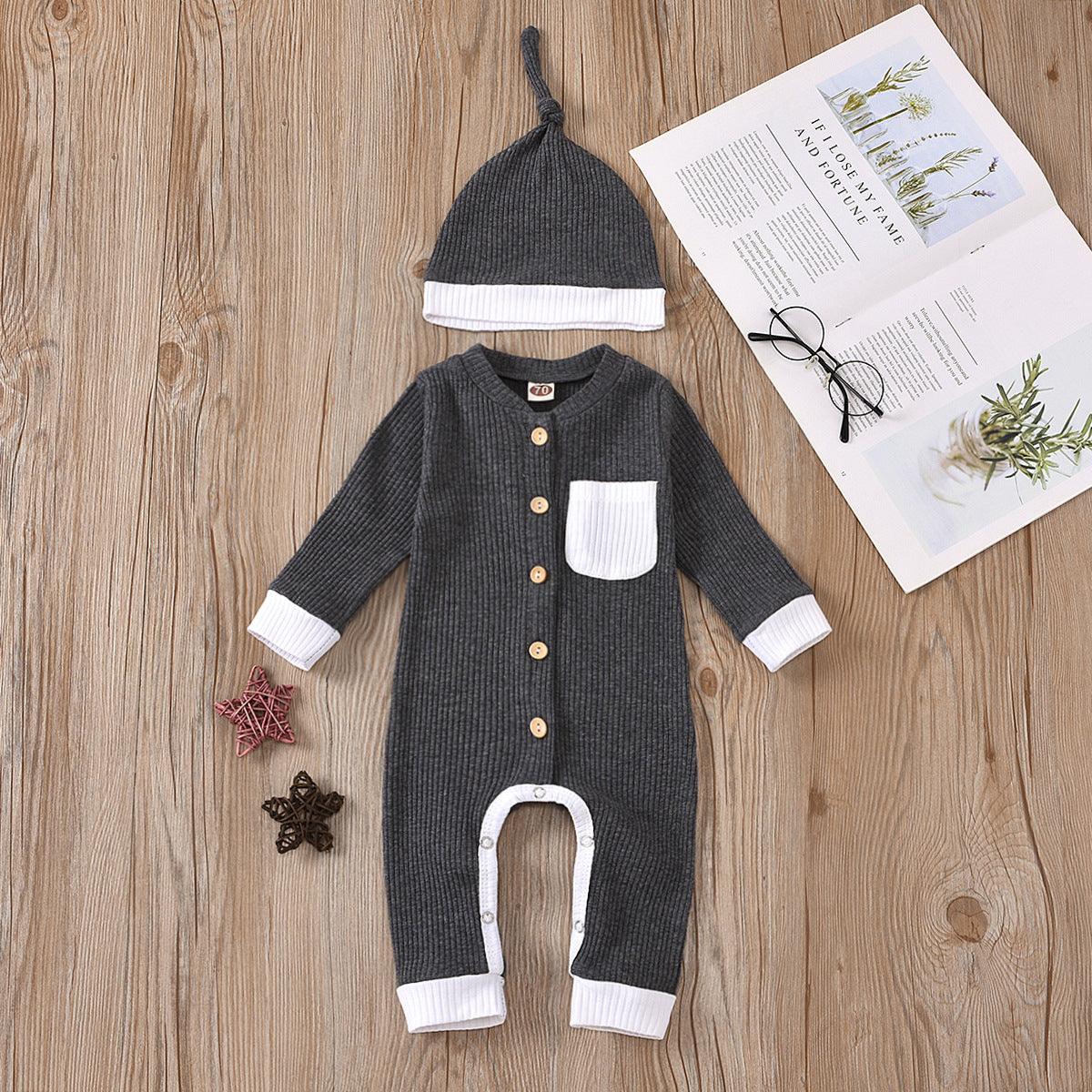 Baby Boys Girls Knitted Striped Solid One-piece Suit Hat Two-piece Set