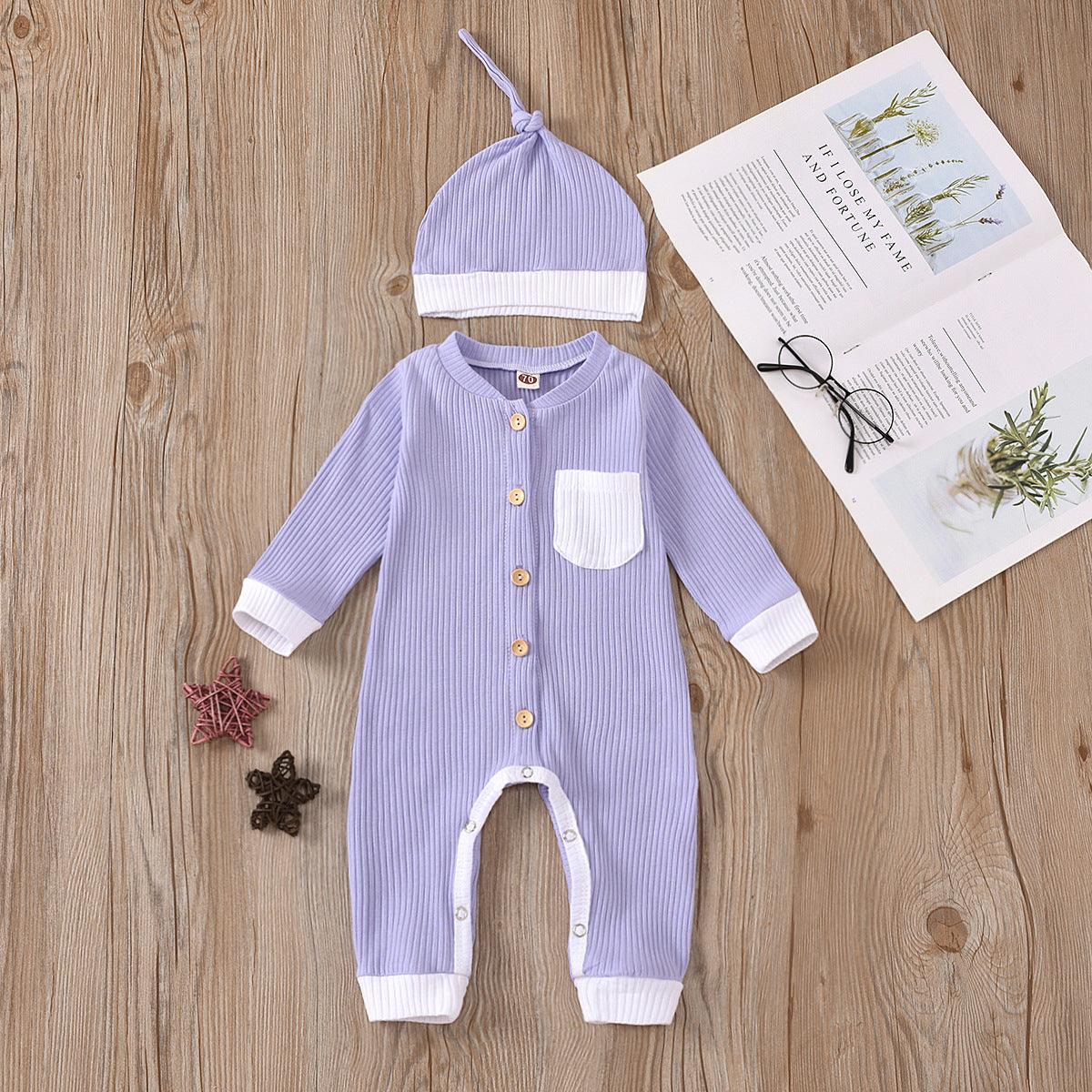 Baby Boys Girls Knitted Striped Solid One-piece Suit Hat Two-piece Set