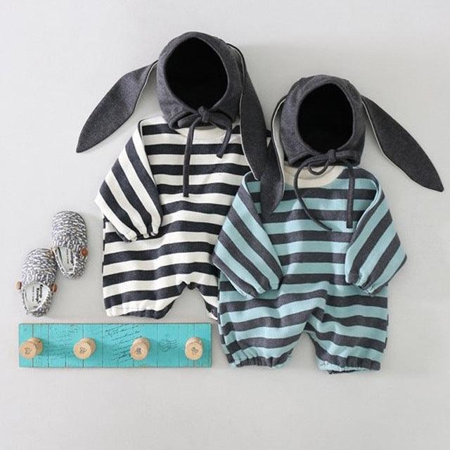 Baby Boys Girls Loose Striped Bunny Jumpsuit Hat Two Piece Set