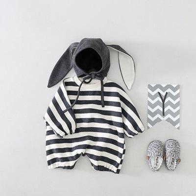 Baby Boys Girls Loose Striped Bunny Jumpsuit Hat Two Piece Set