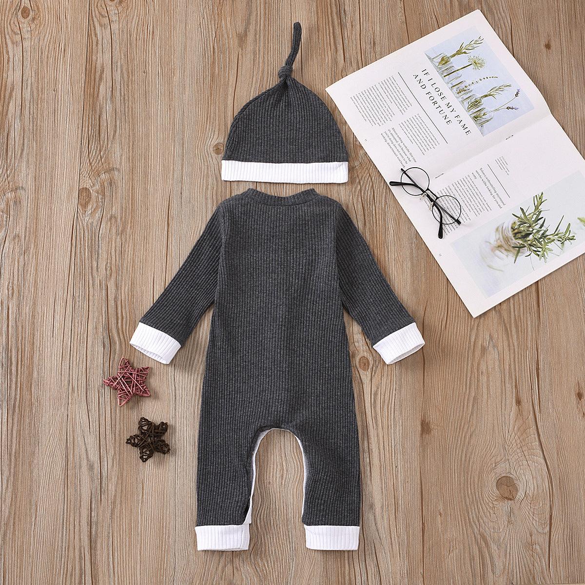 Baby Boys Girls Knitted Striped Solid One-piece Suit Hat Two-piece Set