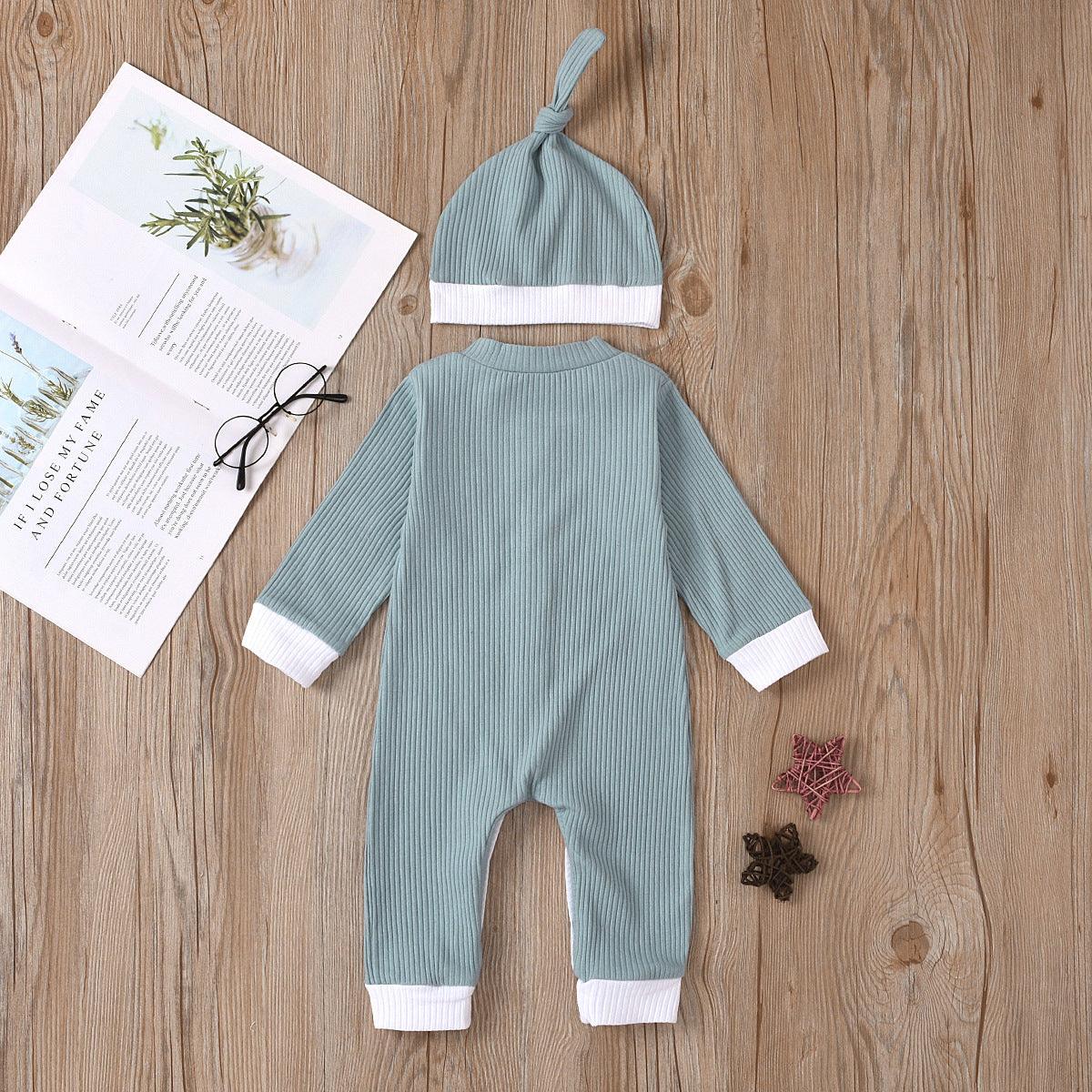 Baby Boys Girls Knitted Striped Solid One-piece Suit Hat Two-piece Set