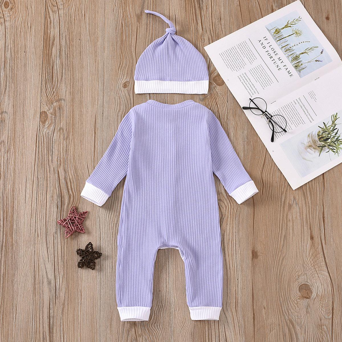 Baby Boys Girls Knitted Striped Solid One-piece Suit Hat Two-piece Set