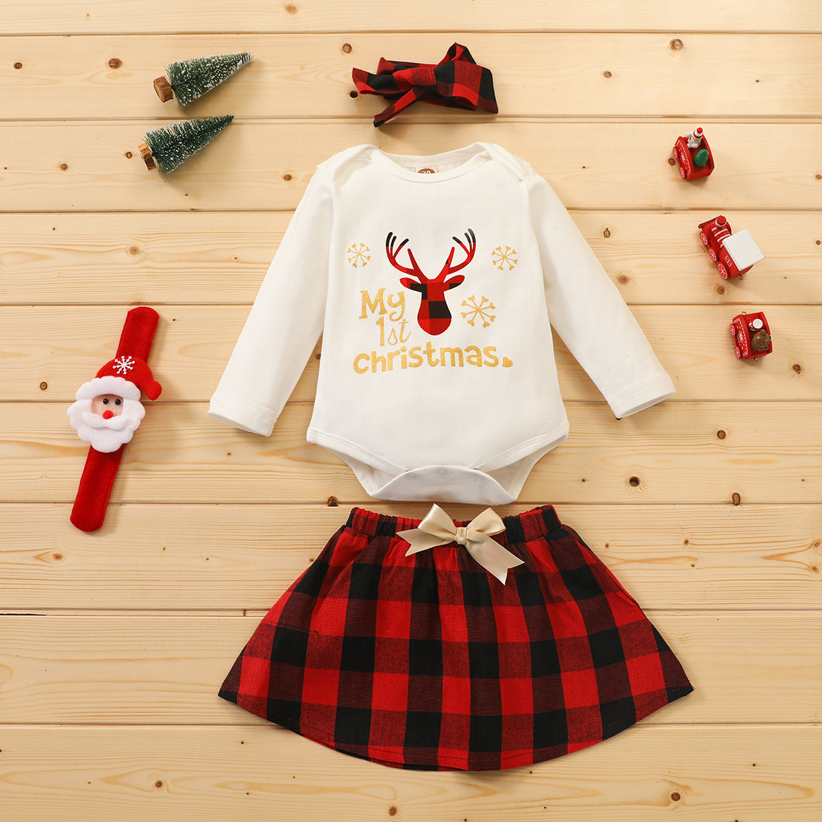 Baby Girls Christmas Deer Printed Romper & Skirts & Headband Kids Fashion Wholesale