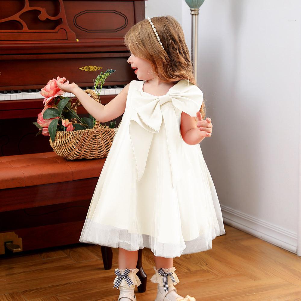 9M-5Y Toddler Girls Formal Dresses Large Bow Solid Color Sleeveless Mesh Wholesale Toddler Clothing