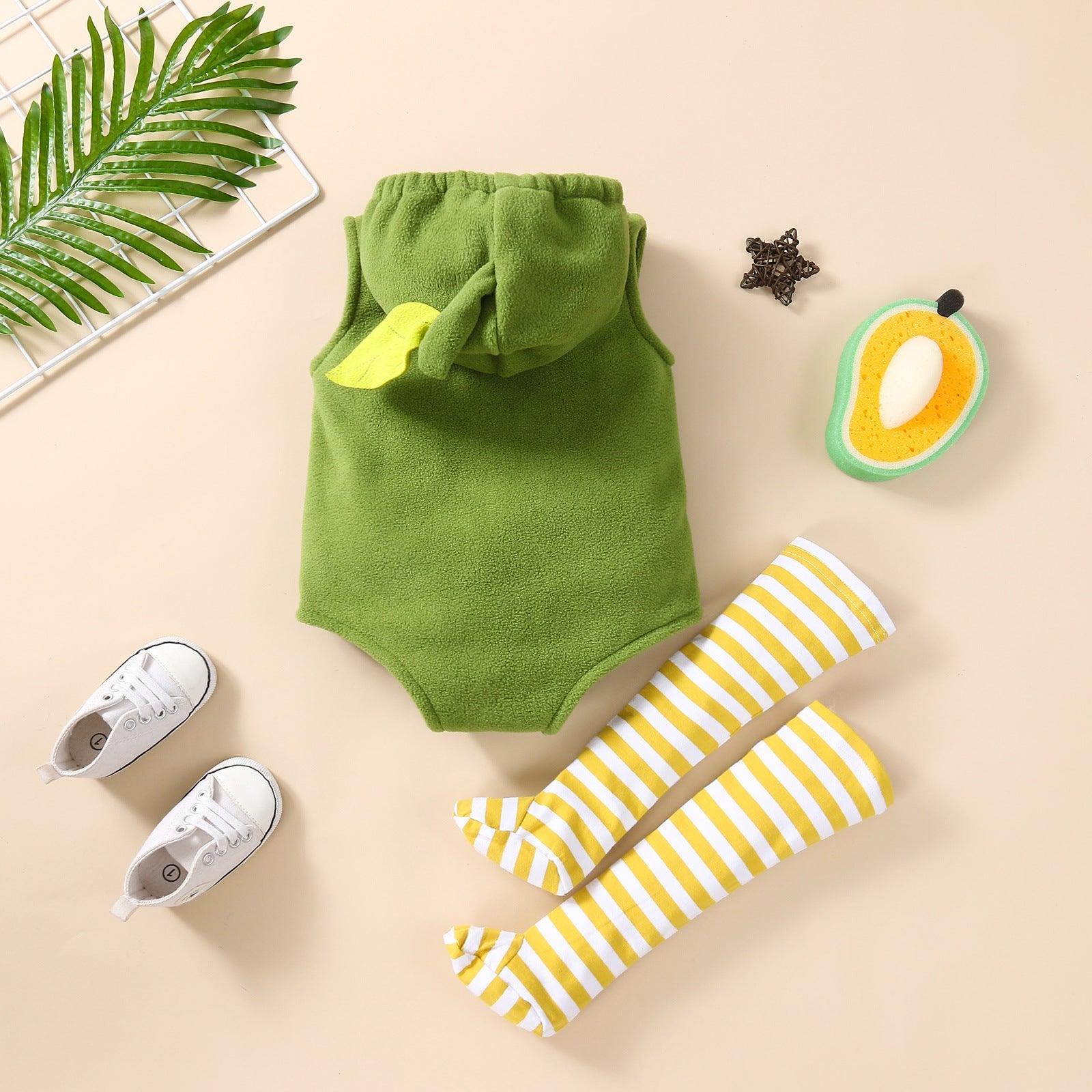 Baby Avocado Zipper Hooded Bodysuit And Striped Stockings Wholesale Baby Clothes Set