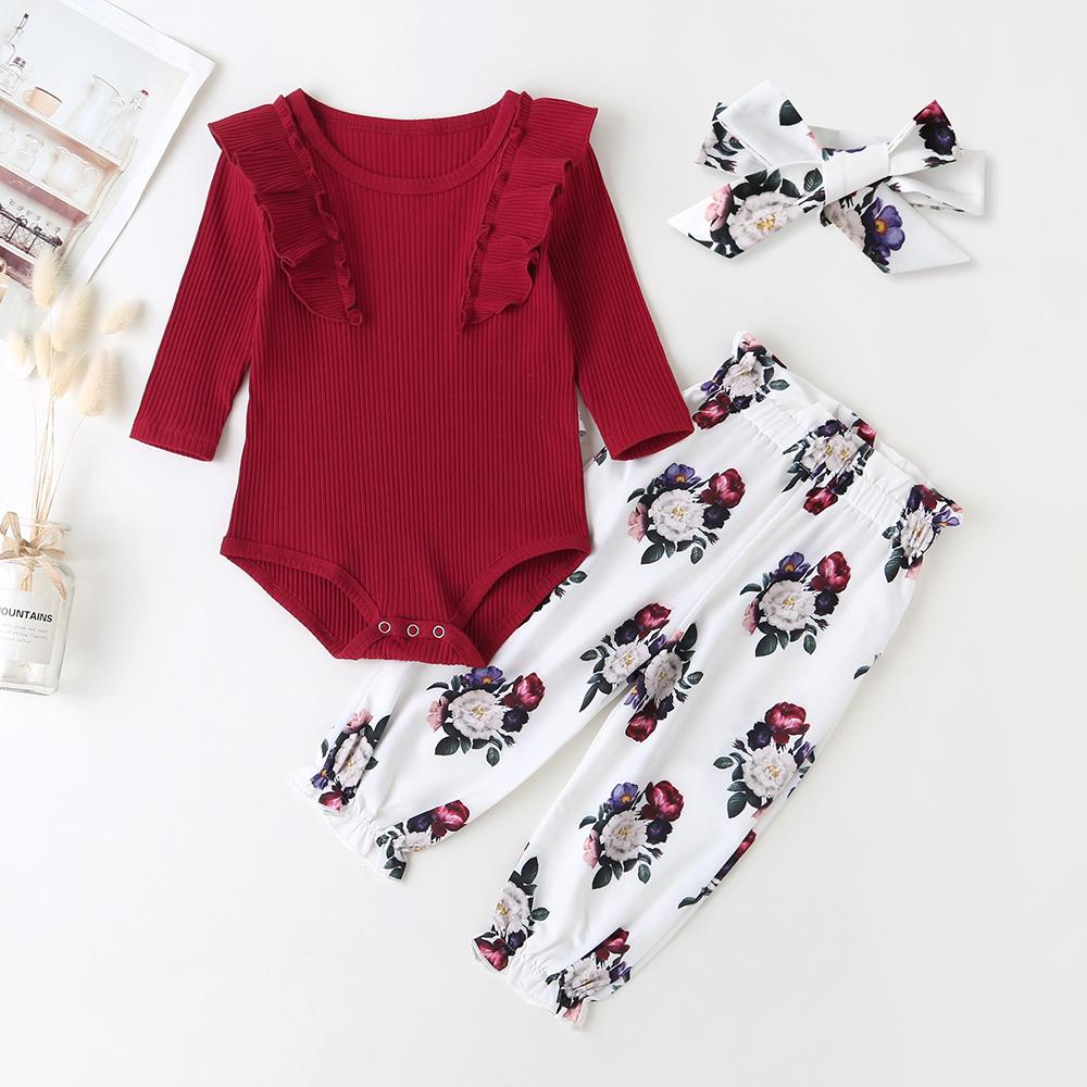 Baby Casual Solid Long Sleeve Romper & Floral Pants & Headband