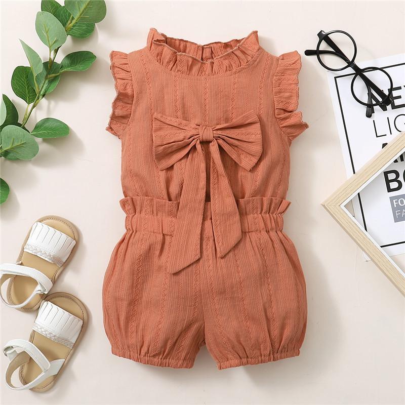 Baby Girl Solid Color Bow Decor Sleeveless Bodysuit & Ruffle Trim Shorts