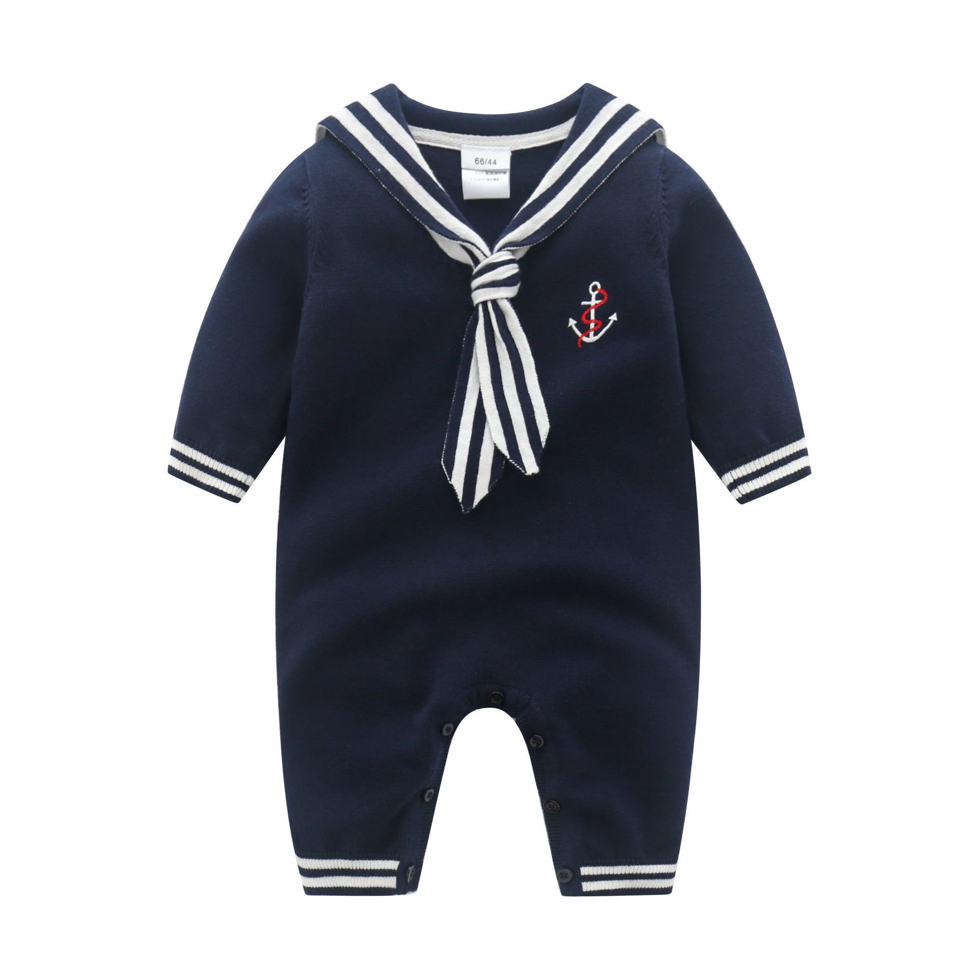 Baby Boys Girls Navy Collar Solid Color Knitted Long-sleeved Jumpsuit