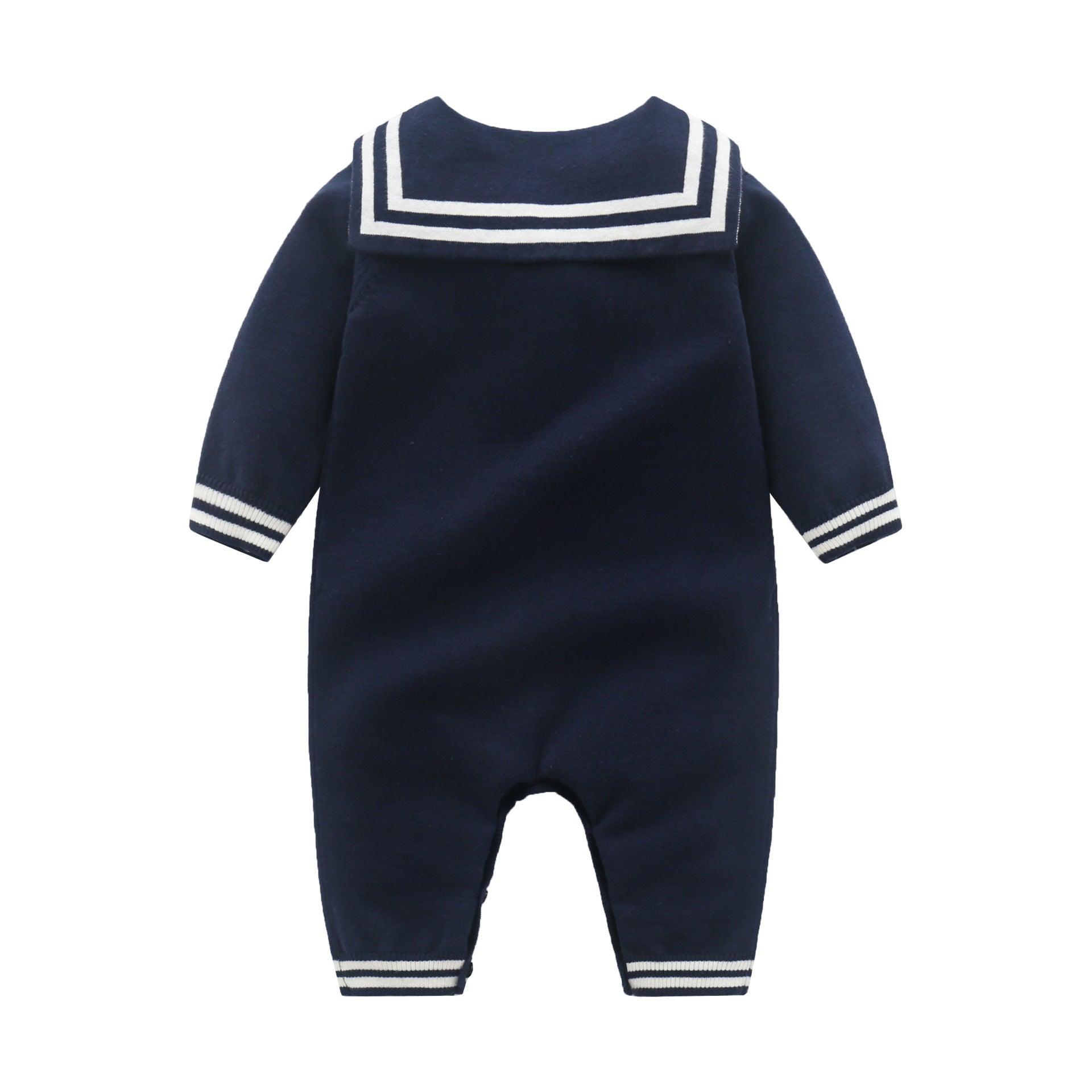 Baby Boys Girls Navy Collar Solid Color Knitted Long-sleeved Jumpsuit