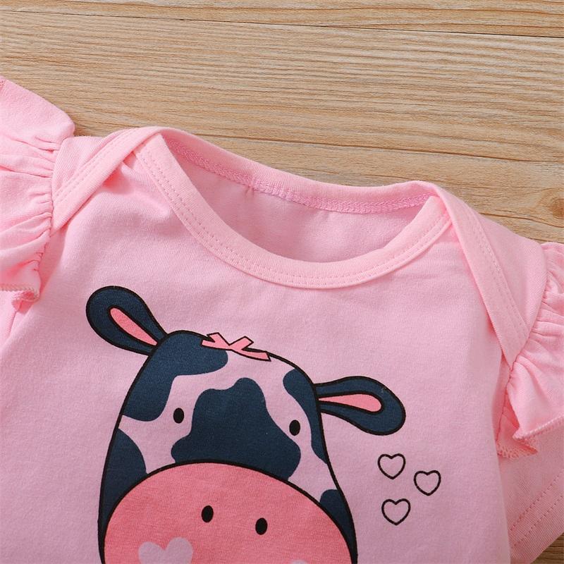 Baby Girl Cow Pattern Ruffle Trim Bodysuit & Printed Pants & Headband