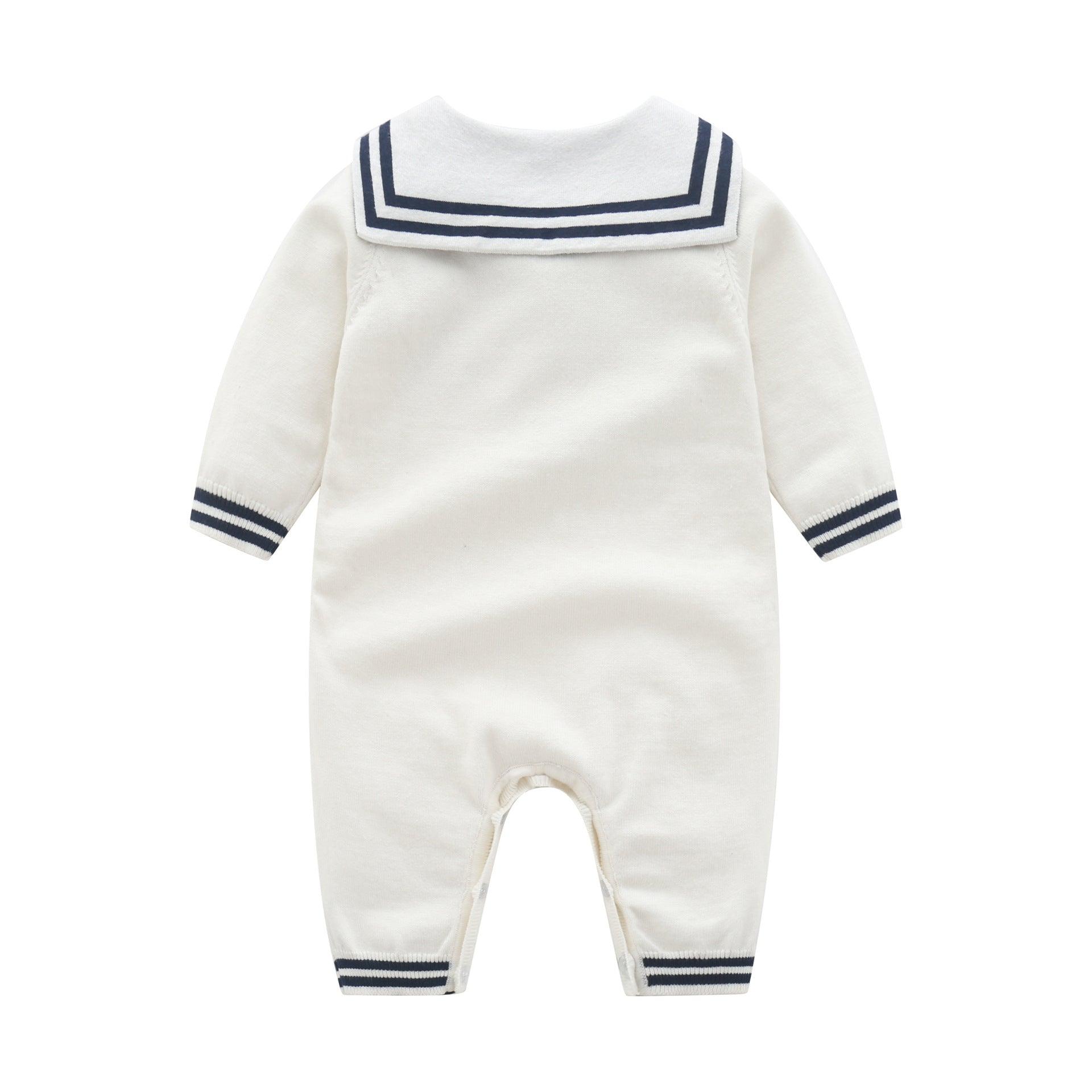 Baby Boys Girls Navy Collar Solid Color Knitted Long-sleeved Jumpsuit