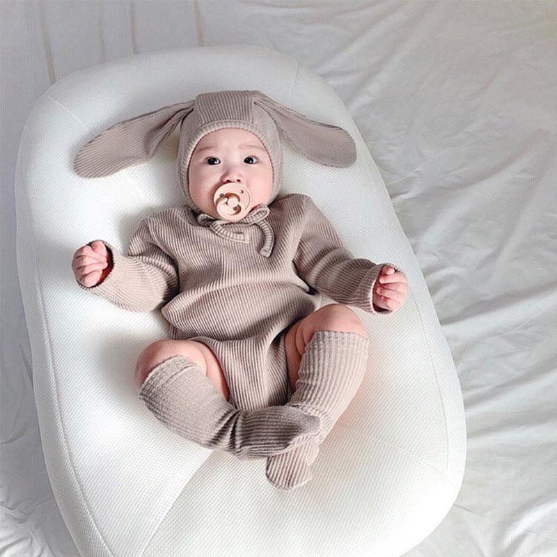 Baby Boys Girls Solid Color Cute Rabbit Ears Long Sleeved Jumpsuit Hat Socks Set