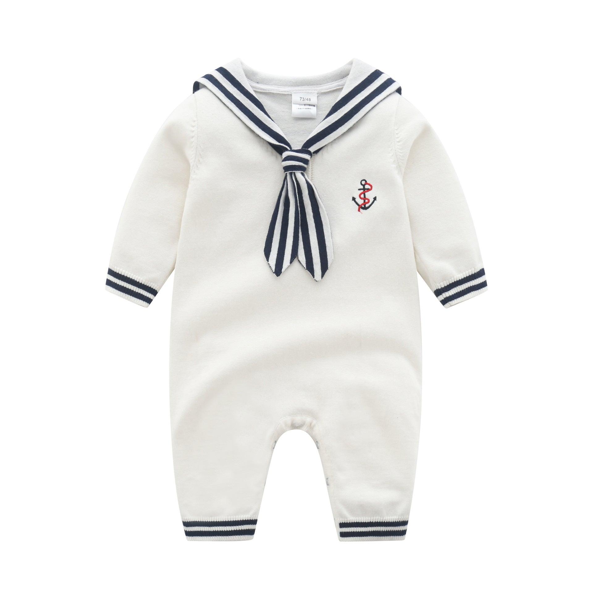 Baby Boys Girls Navy Collar Solid Color Knitted Long-sleeved Jumpsuit