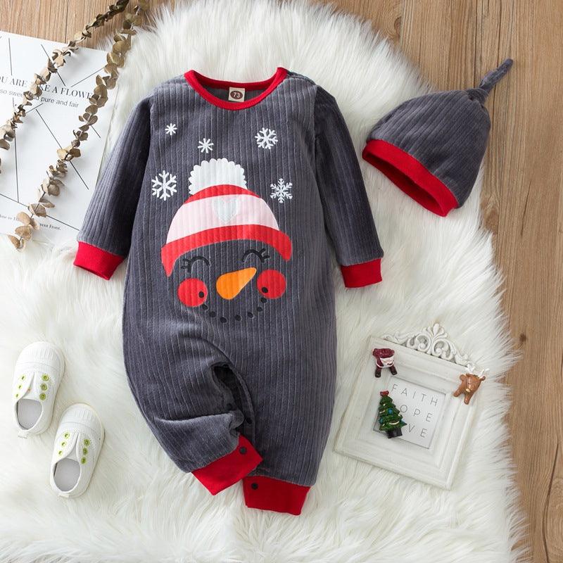 Baby Boys Girls Cartoon Snowman Printed Flannel Jumpsuit Hat Christmas Suit