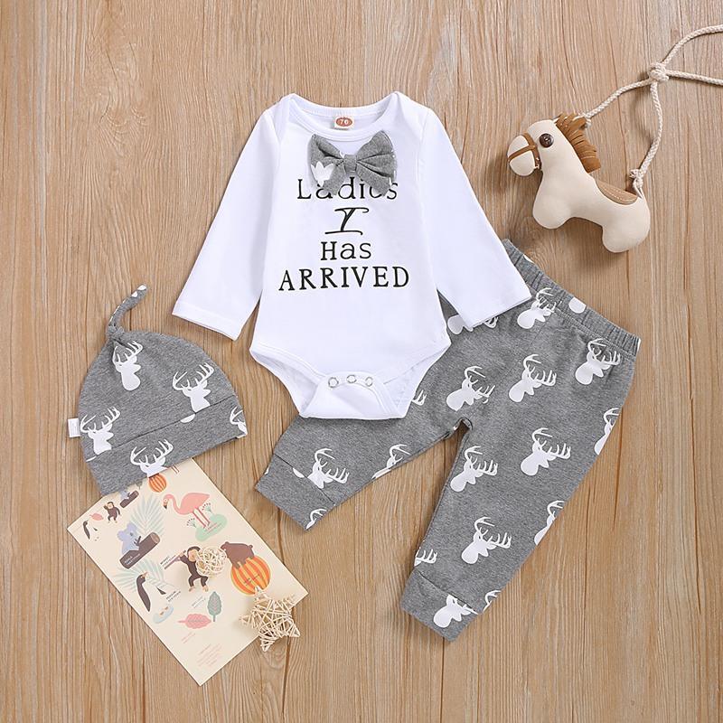 3-piece Letter Long-sleeve Bodysuit, Deer Printed Pants with Hat