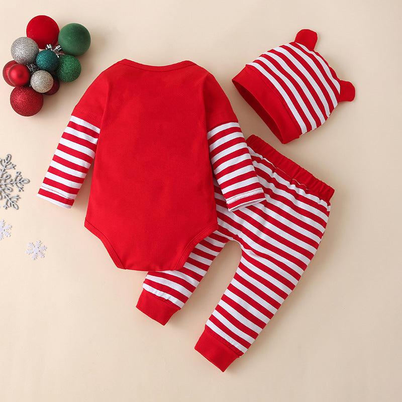 Baby Christmas Long Sleeve Jumpsuit Striped Pants Hat Set