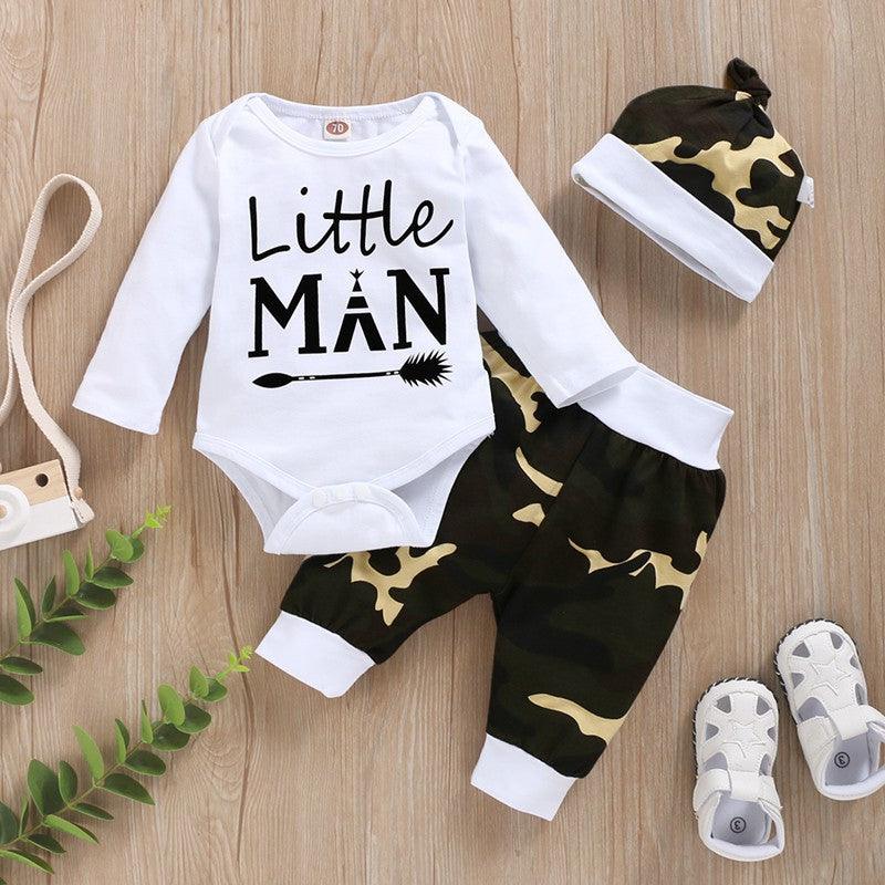 Baby Boys Solid Color Letter Print Jumpsuit Camouflage Pants Hat Set