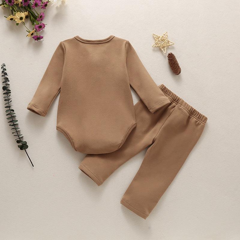 Baby Boys Girls Cotton Solid Color Diagonal Lace Up Long Sleeve Jumpsuit Suit