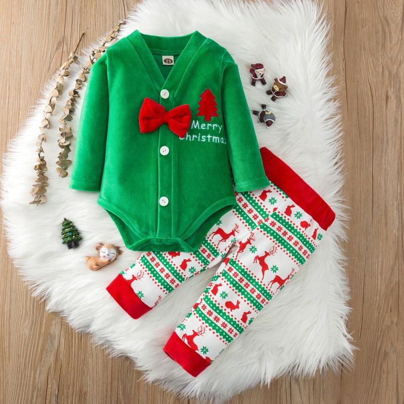 Baby Boys Solid Color Bow Tie Jumpsuit Christmas Print Set